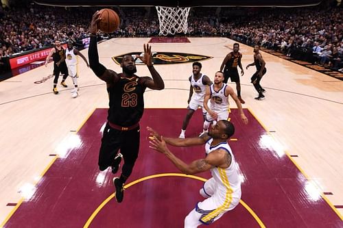 LeBron James shoots during the 2018 NBA Finals - Game Four.