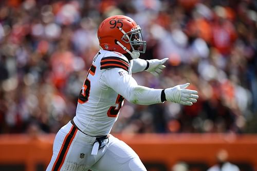 Cleveland Browns edge rusher Myles Garrett celebrating one of his seven sacks in 2021