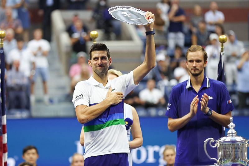 &lt;a href=&#039;https://www.sportskeeda.com/player/novak-djokovic&#039; target=&#039;_blank&#039; rel=&#039;noopener noreferrer&#039;&gt;Novak Djokovic&lt;/a&gt; at 2021 US Open - Day 14