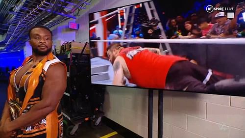 The WWE Champion had a rather unusual way of watching the match in the 'back'