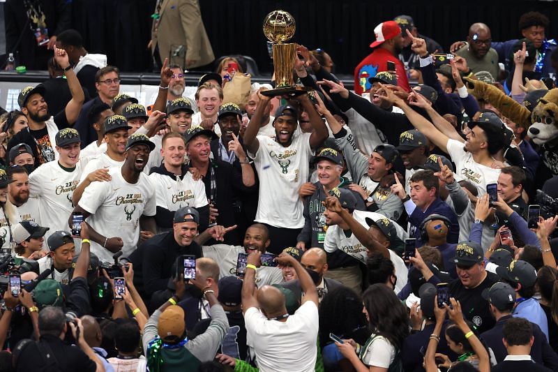 The entire Milwaukee Bucks organization and fans celebrating their NBA championship.