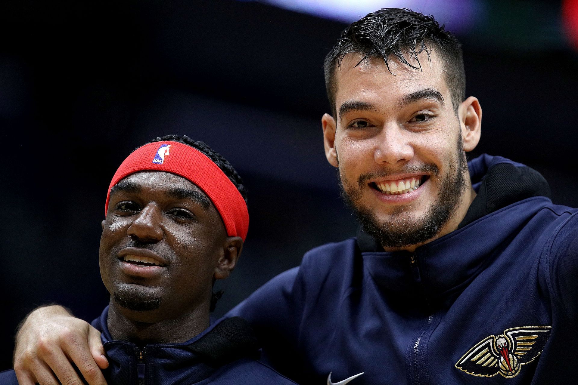 Willy Hernangomez #9 (R) and Kira Lewis Jr. (#13) of the New Orleans Pelicans