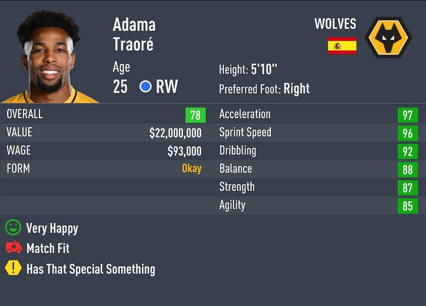 Traore is #3 in FIFA 22 in terms of sprint speed (Image via Sportskeeda)