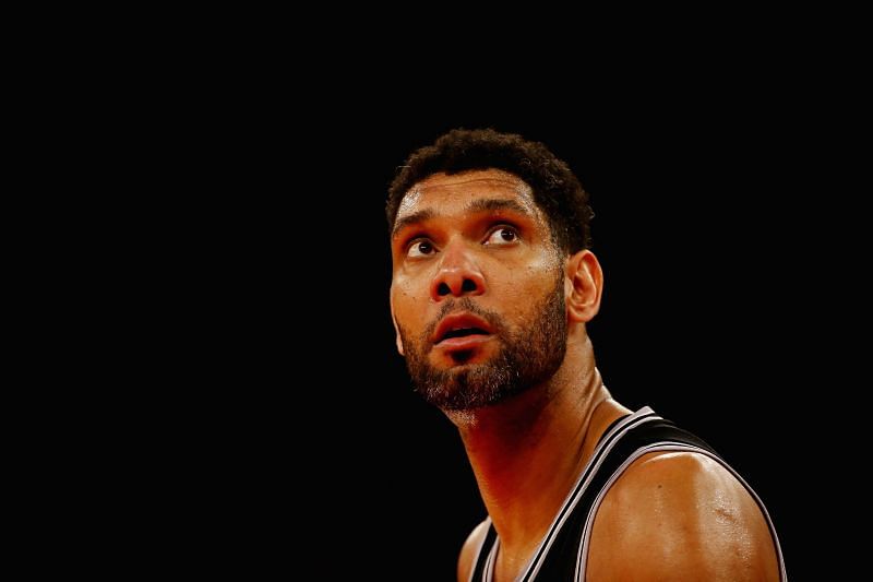Tim Duncan #21 of the San Antonio Spurs looks on during the game against the New York Knicks during their game at Madison Square Garden on March 17, 2015 in New York City.