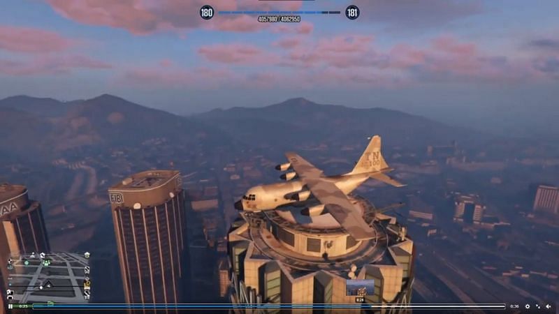 Redditor lands a Titan on the top of Maze bank, only to get destroyed the next second in GTA Online (Image via Reddit, u/Rickk020)