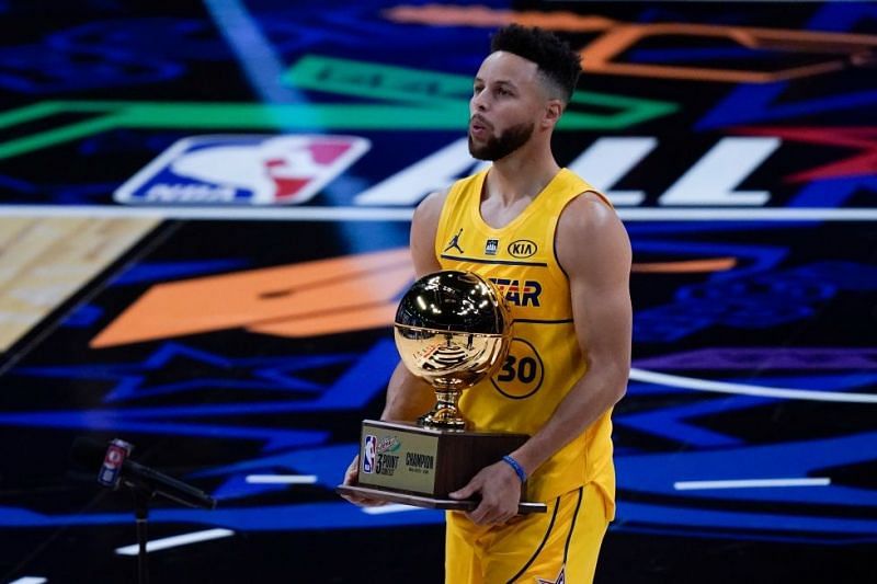 Stephen Curry celebrates his three-point contest award [Source: The Mercury News]