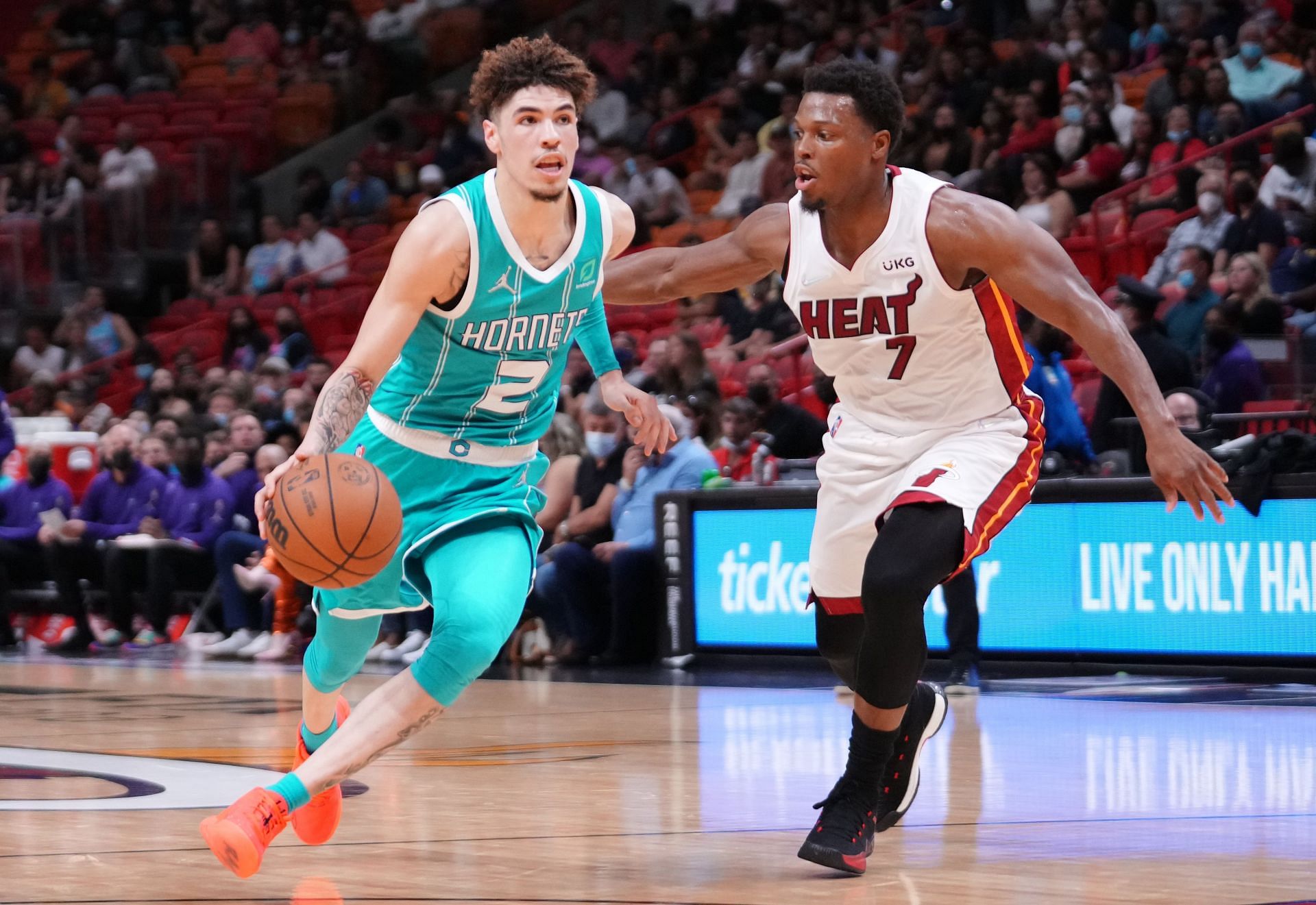 Kyle Lowry #7 guarding Lamelo Ball #2