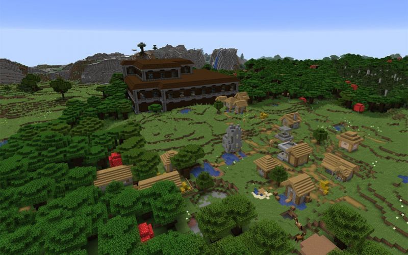 An image of a woodland mansion overlooking a village in Minecraft. (Image via Mojang).