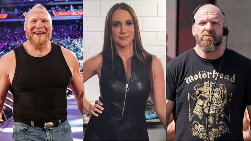 Brock Lesnar (left), Stephanie McMahon (middle), and Triple H (right)