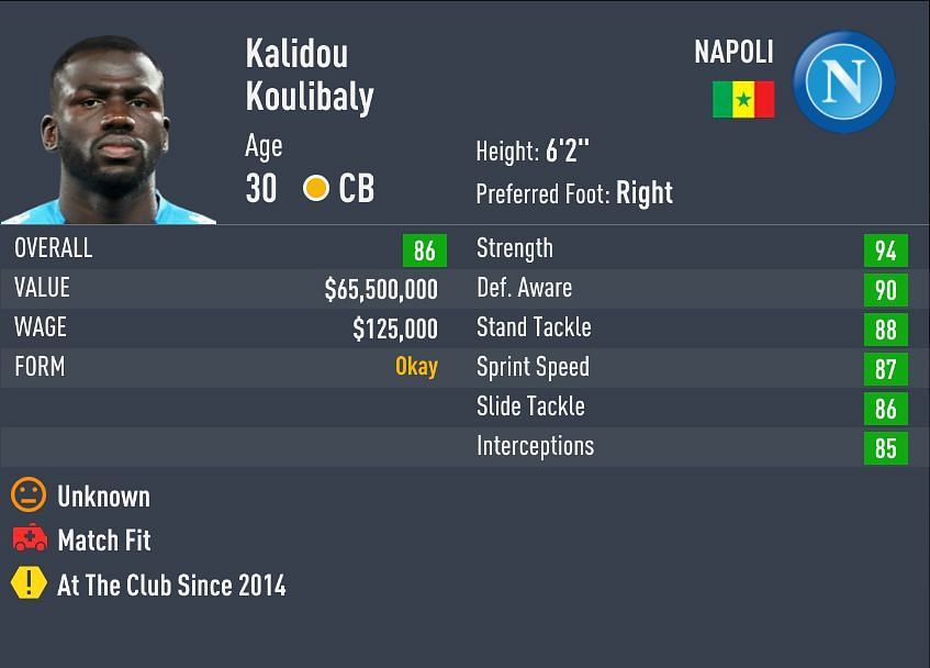 Koulibaly&#039;s strength rating makes him #7 in strength stats in FIFA 22 (Image via Sportskeeda)