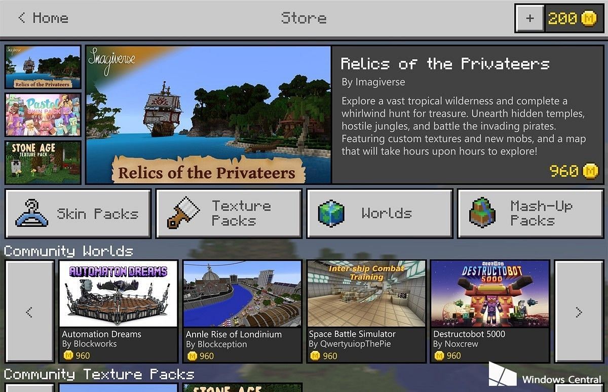 The basic layout of Minecraft Marketplace, showcasing popular downloads as well as the player&#039;s current currency count in the top right (Image via Mojang)