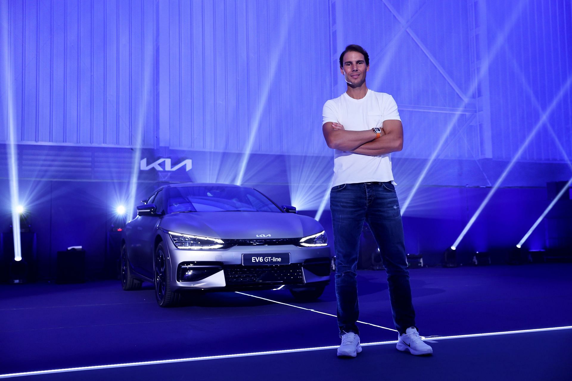 &lt;a href=&#039;https://www.sportskeeda.com/player/rafael-nadal&#039; target=&#039;_blank&#039; rel=&#039;noopener noreferrer&#039;&gt;Rafael Nadal&lt;/a&gt; at the launch event for KIA&#039;s EV6 Court