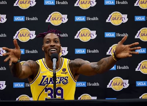 Dwight Howard #39 of the LA Lakers reacts to a question at a press conference during Los Angeles Lakers media day at UCLA Health Training Center on September 28, 2021