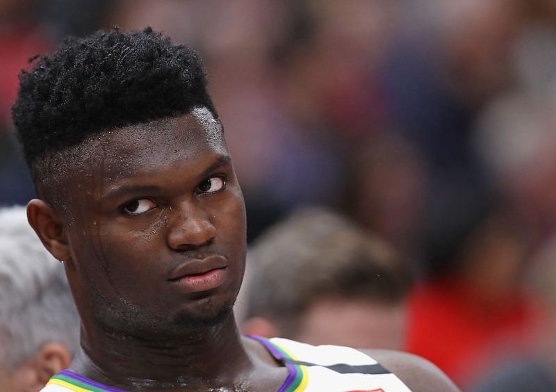 Zion Williamson of the New Orleans Pelicans looks on the action from the bench in a game against the Chicago Bulls.