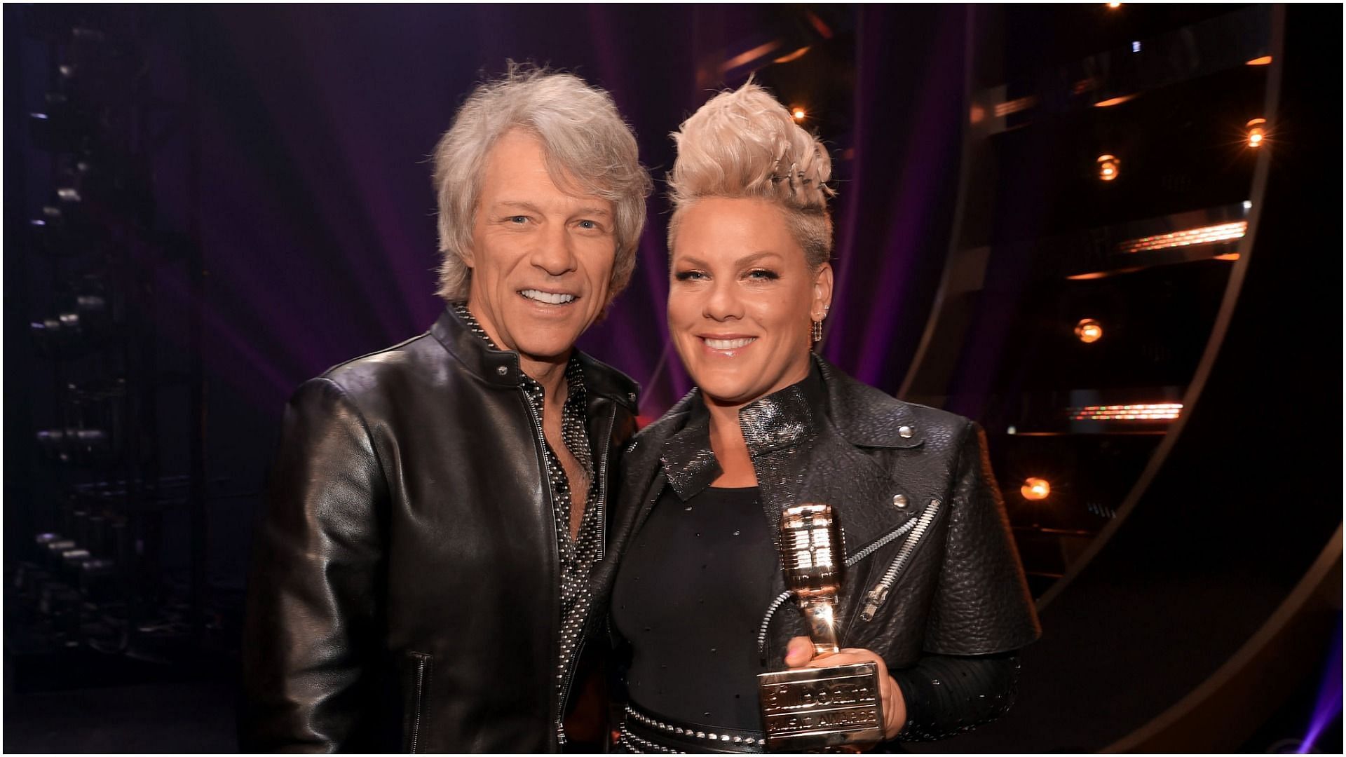 Jon Bon Jovi and Pink, recipient of the Icon Award, pose backstage during the 2021 Billboard Music Awards, broadcast on May 23, 2021, held at the Microsoft Theater in Los Angeles, California (Image via Getty Images)