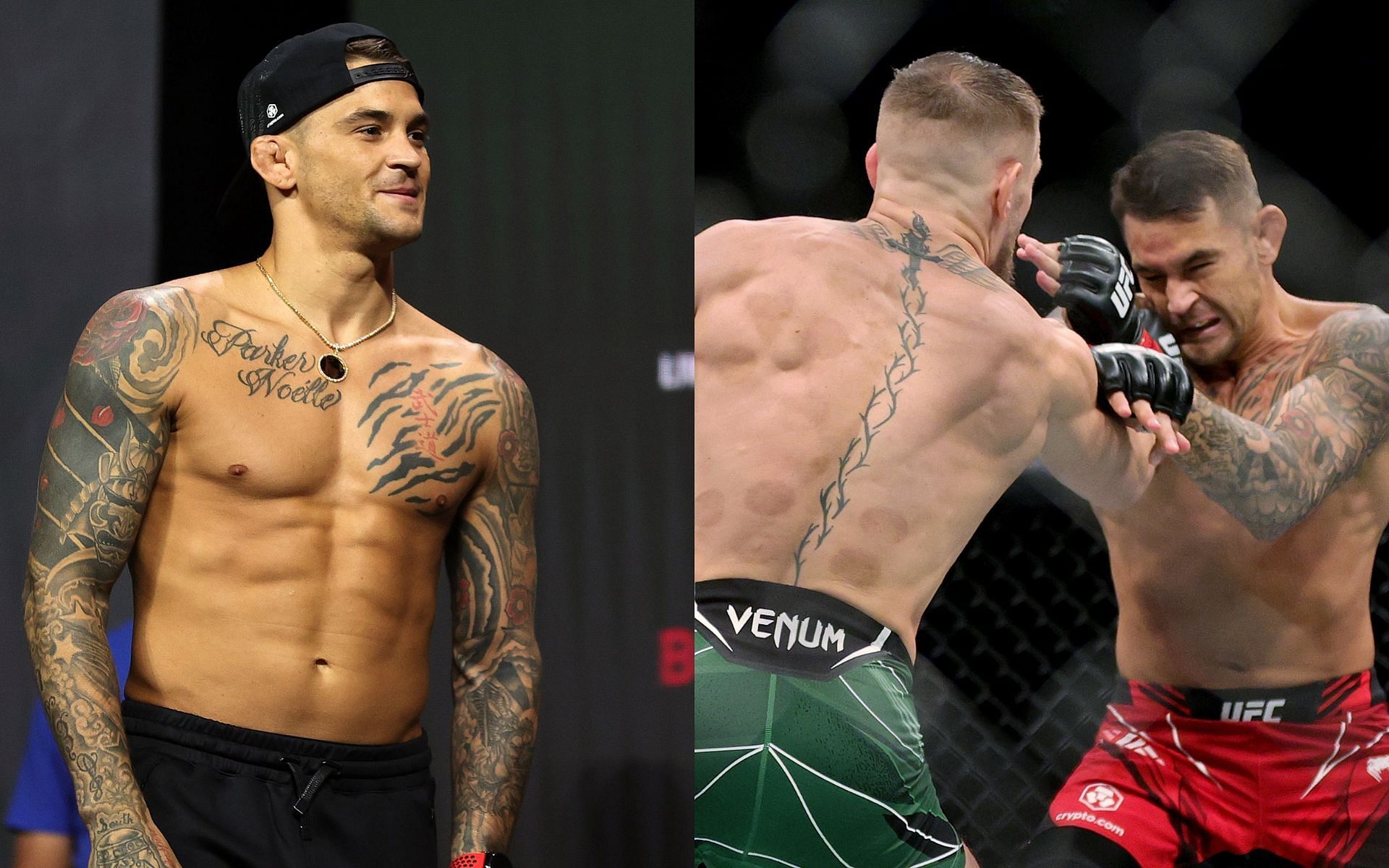 No.1 UFC lightweight contender Dustin Poirier (left) and action from his latest fight against Conor McGregor at UFC 264 (right)