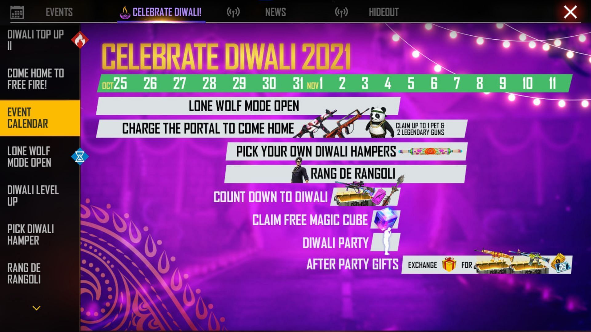 The Free Fire Diwali celebration calendar (Image via Free Fire)