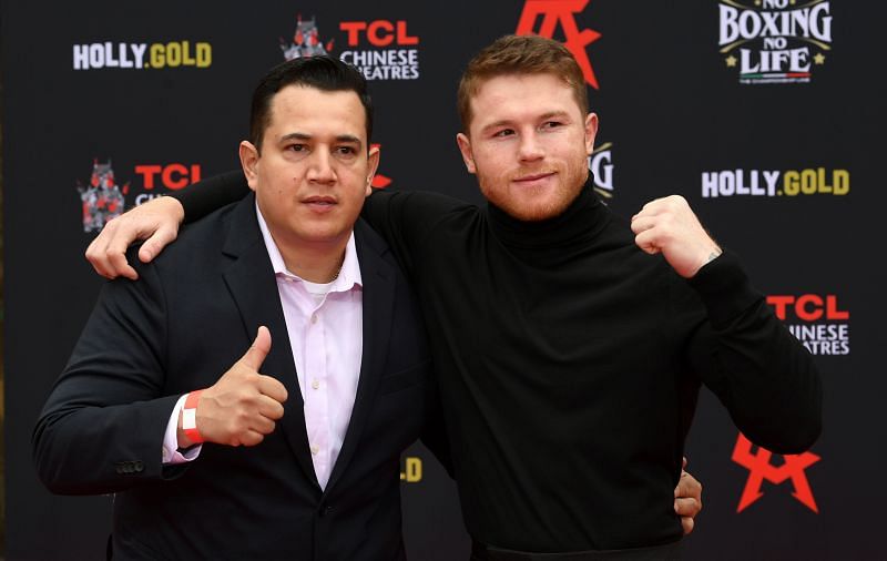 TCL&#039;s Hand And Foot Ceremony For Boxer Canelo Alvarez, Eddy Reynoso (left) Saul Canelo Alvarez (right)