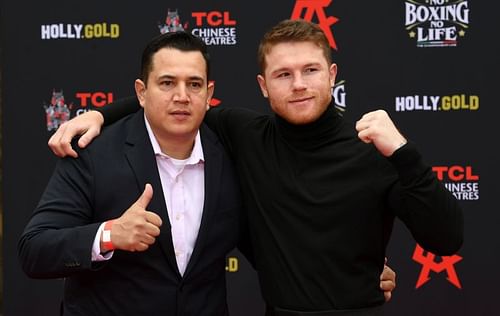 TCL's Hand And Foot Ceremony For Boxer Canelo Alvarez, Eddy Reynoso (left) Saul Canelo Alvarez (right)