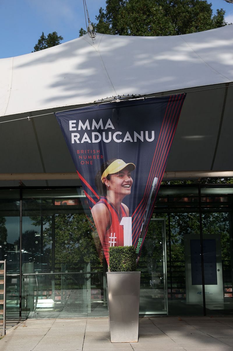 A banner featuring Emma Raducanu at the National Tennis Center.