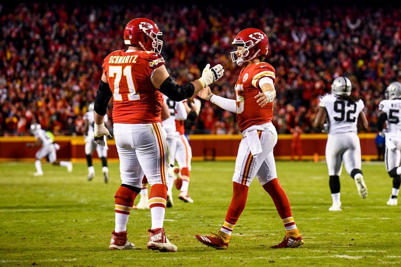 Mitchell Schwartz with Kansas City Chiefs quarterback Patrick Mahomes