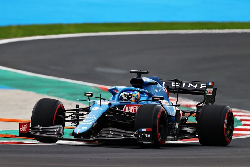 Fernando Alonso driving in qualifying, he was investigated for infringing yellow flags. 2021 Turkish Grand Prix (Photo by Bryn Lennon/Getty Images)