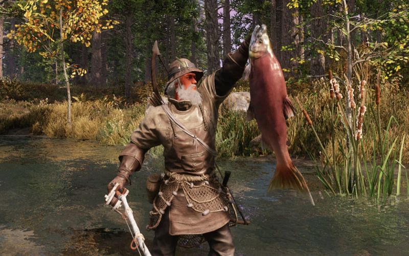 A player catching a fish in New World (Image via Amazon Games)