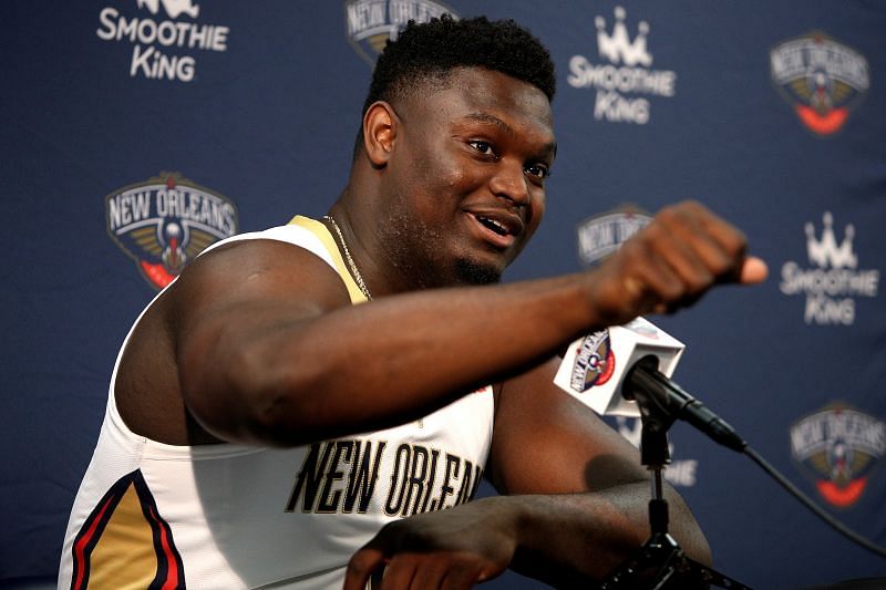 Zion Williamson #1 of the New Orleans Pelicans speaks to members of the media during Media Day at Smoothie King Center on September 27, 2021 in New Orleans, Louisiana.