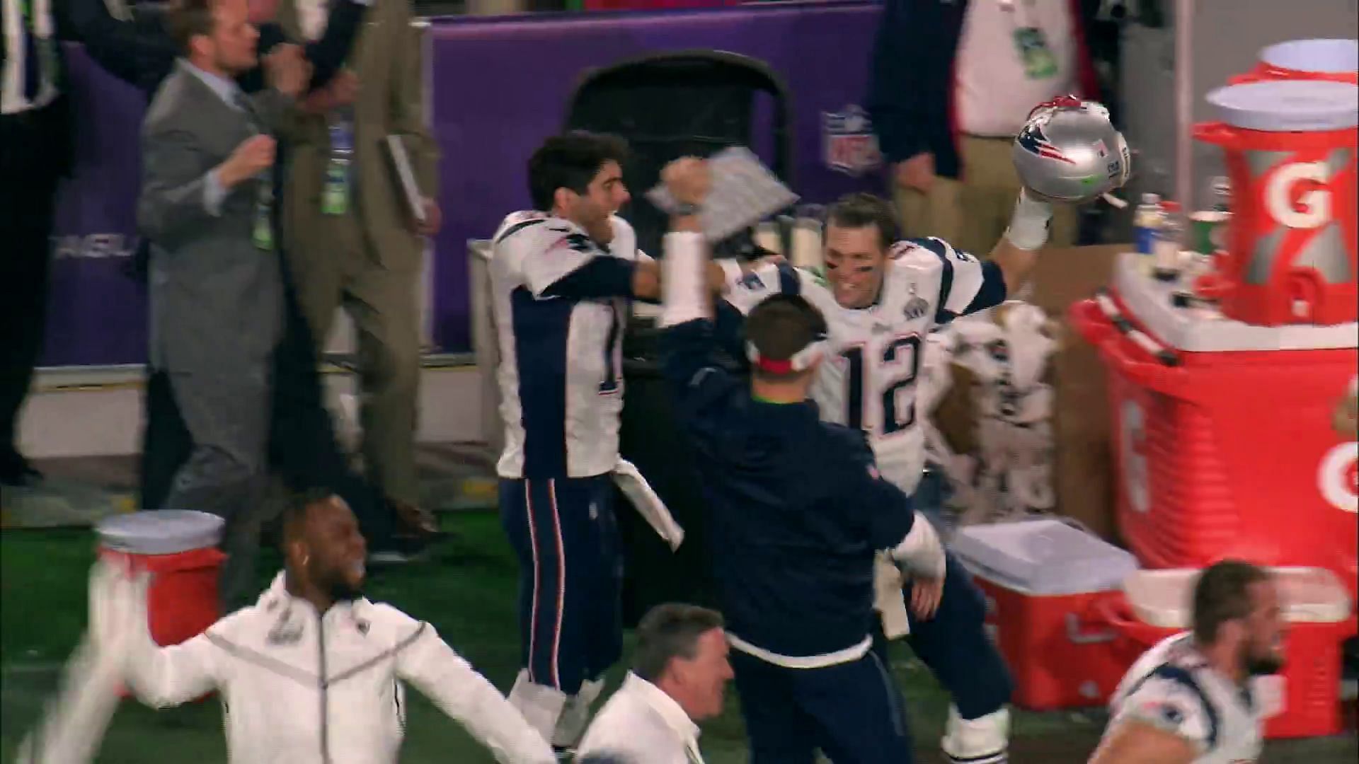 Tom Brady celebrating Malcolm Butler&#039;s interception | Image Credit: NFL YouTube