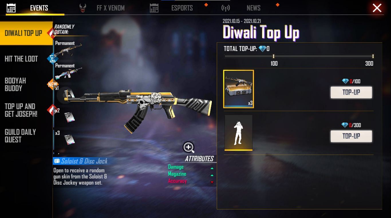 The Soloist &amp; Disc Jockey Weapon Loot Crate is a reward for purchasing 100 diamonds (Image via Free Fire)