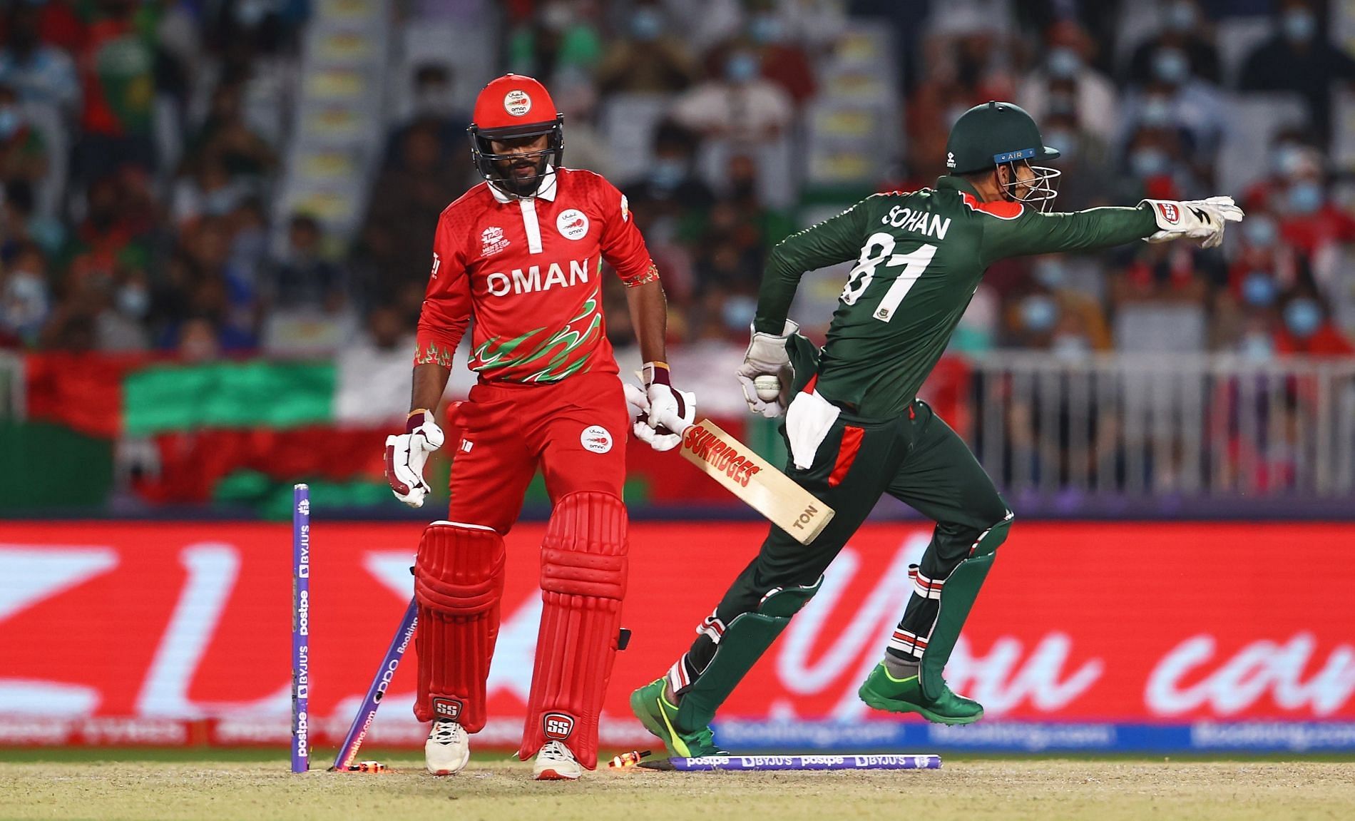 Bangladesh stayed afloat in the T20 World Cup 2021 by beating Oman. Pic: T20WorldCup/ Twitter