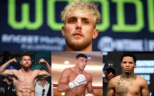 Jake Paul (top); Canelo Alvarez (bottom left); Tommy Fury (bottom center); Gervonta Davis (bottom right)