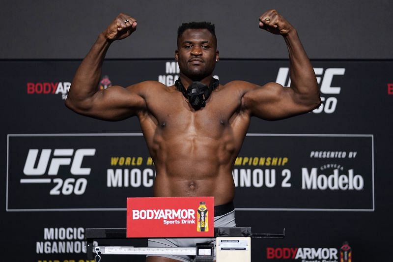 Francis Ngannou poses at the UFC 260: Weigh-Ins