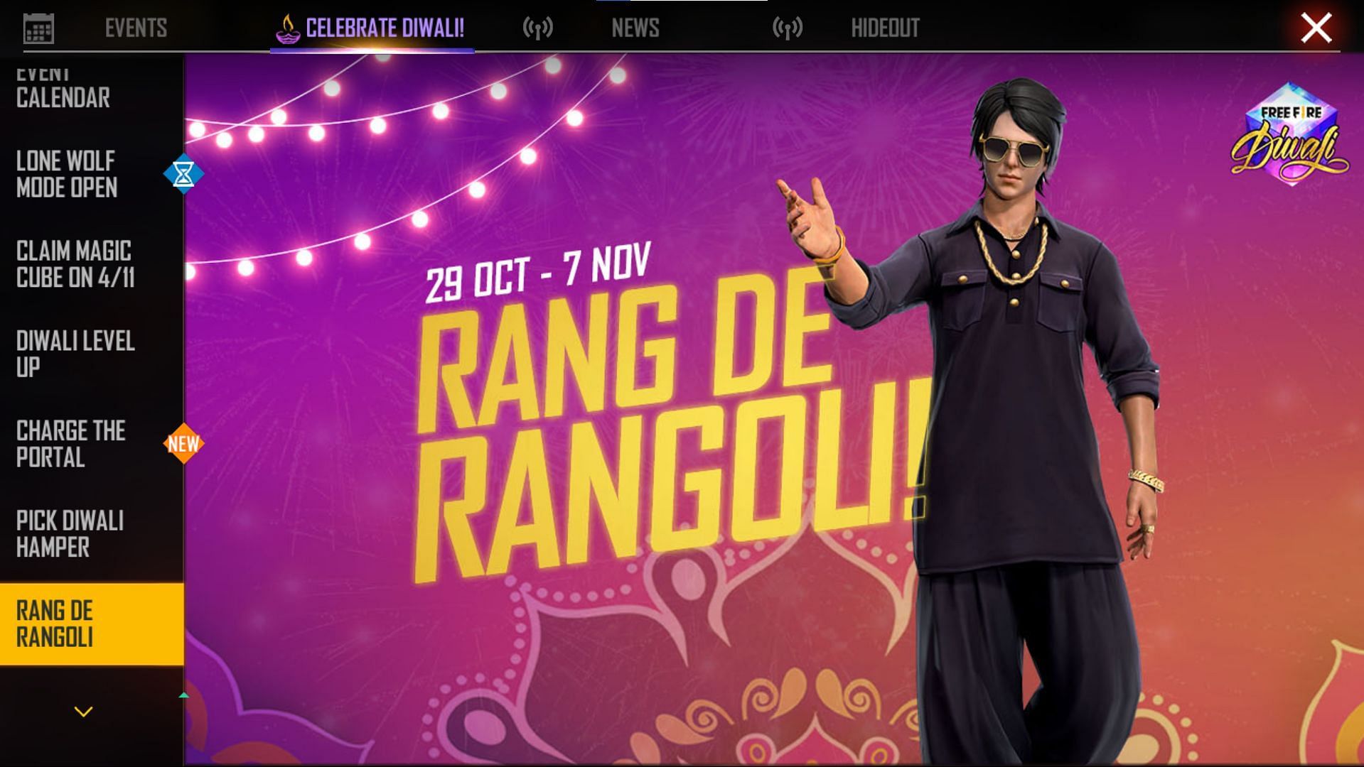 The &#039;Rang De Rangoli&#039; event is yet to start in Garena Free Fire (Image via Free Fire)