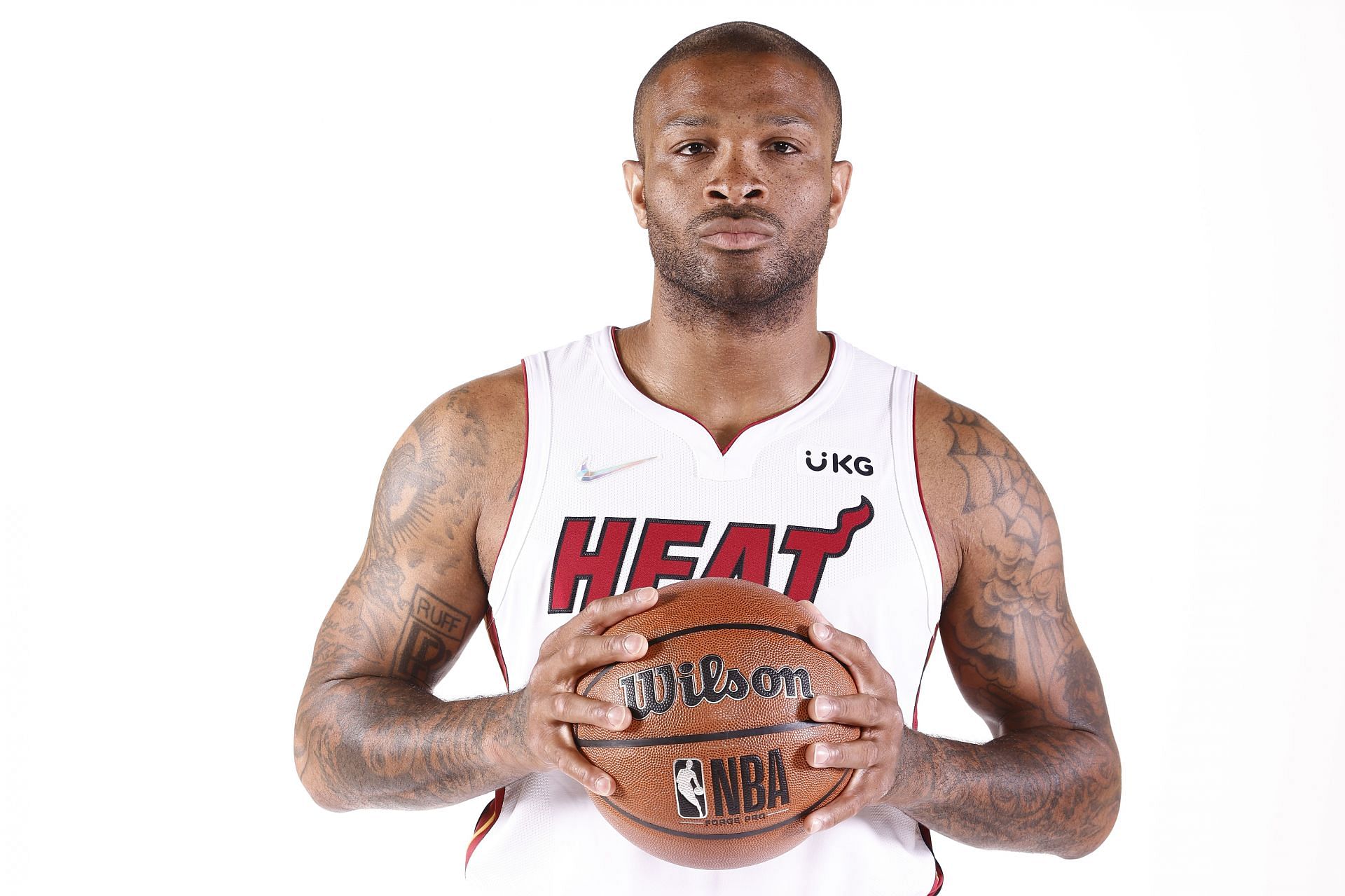 P.J. Tucker #17 of the Miami Heat poses for a photo during Media Day at FTX Arena on September 27, 2021 in Miami, Florida.