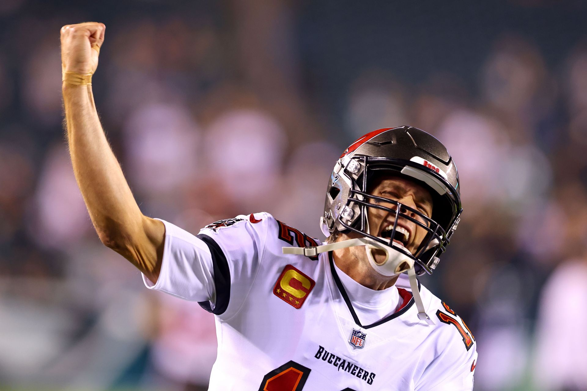 Tampa Bay Buccaneers quarterback Tom Brady signals for a touchdown