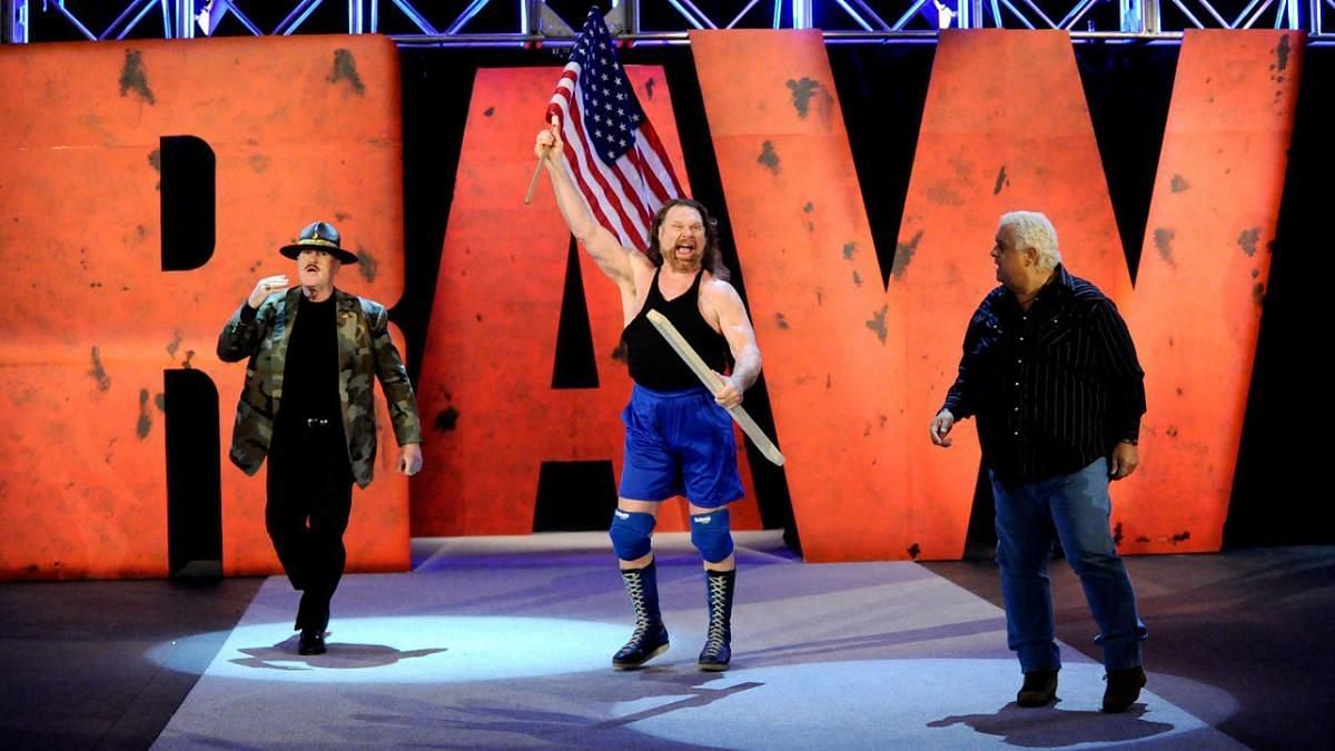 Hacksaw Jim Duggan on Monday Night RAW with Sgt. Slaughter and Dusty Rhodes