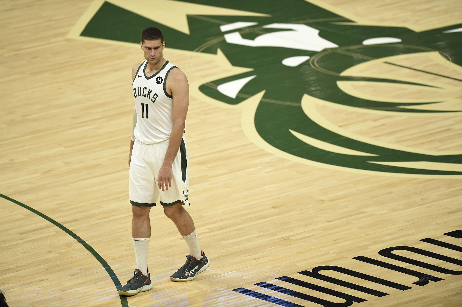 Brook Lopez #11 of the Milwaukee Bucks looks on against the Atlanta Hawks during the first half in game two of the Eastern Conference Finals at Fiserv Forum on June 25, 2021 in Milwaukee, Wisconsin.