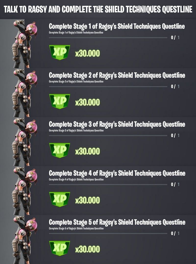 Fortnite Season 8 Ragsy Shield Techniques questline challenges (Image via StreakyFly/Twitter)