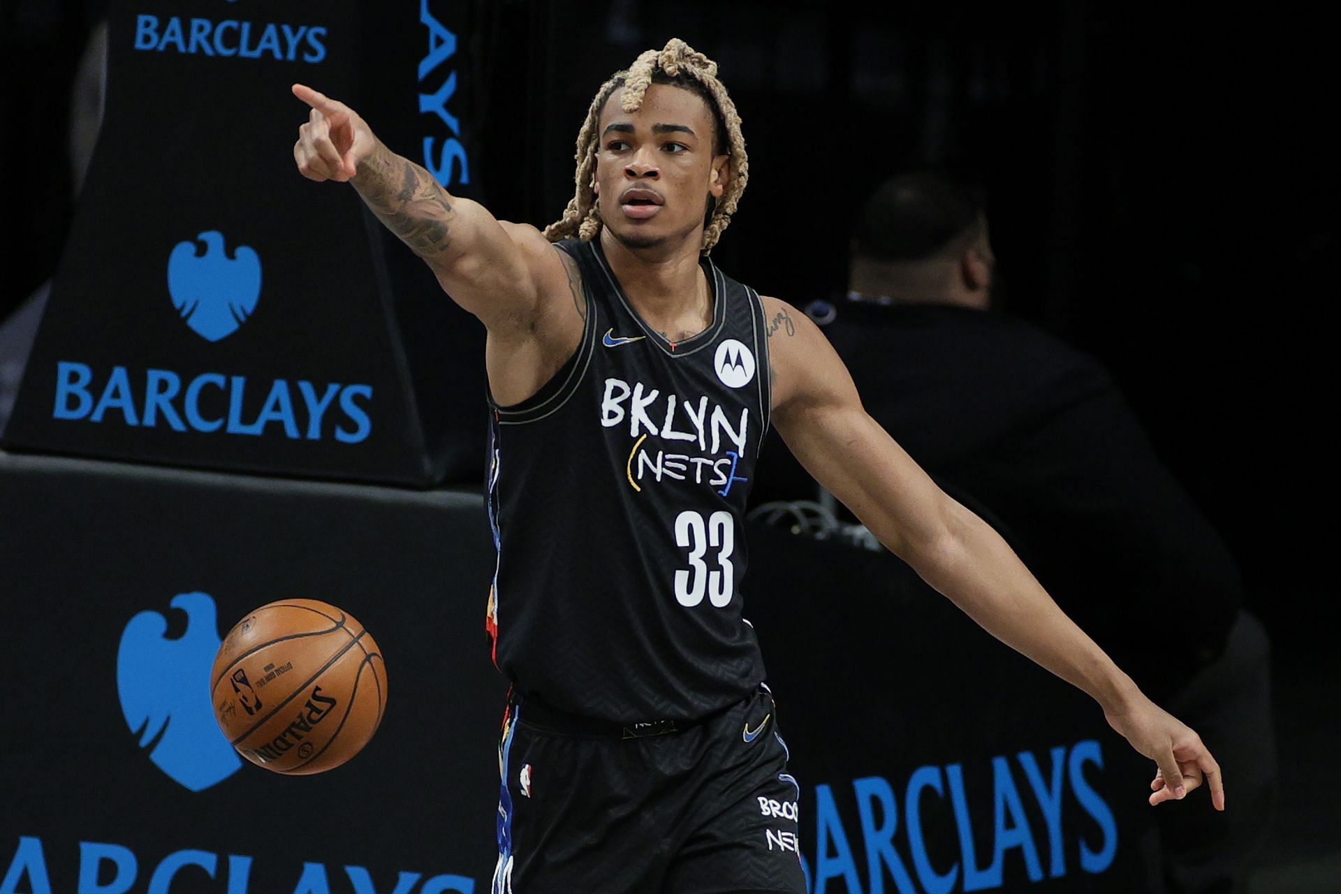 Nicolas Claxton #33 of the Brooklyn Nets reacts during the second half against the Chicago Bulls at Barclays Center on May 15, 2021 in the Brooklyn borough of New York City.