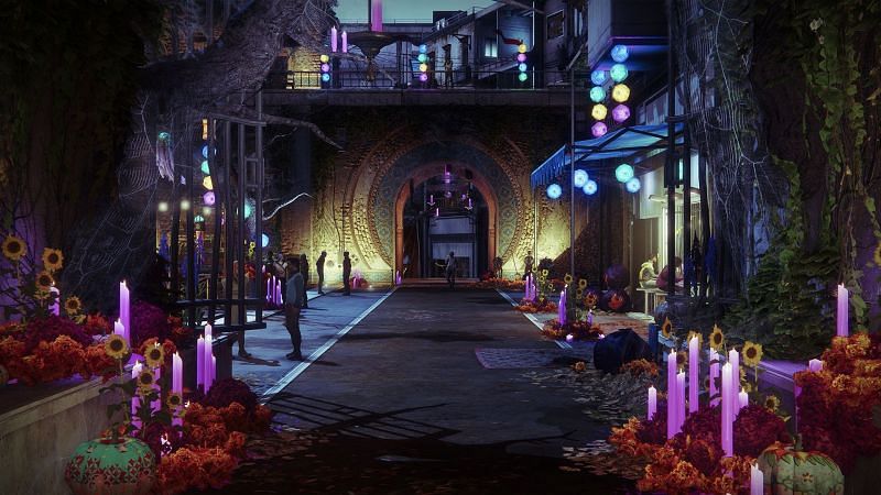 Festival of the Lost decorations on the Tower (Image via Bungie)