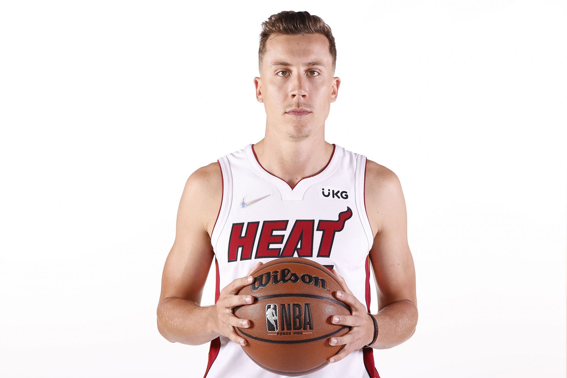 &lt;a href=&#039;https://www.sportskeeda.com/basketball/duncan-robinson&#039; target=&#039;_blank&#039; rel=&#039;noopener noreferrer&#039;&gt;Duncan Robinson&lt;/a&gt; #55 of the Miami Heat poses for a photo during Media Day at FTX Arena on September 27, 2021 in Miami, Florida.