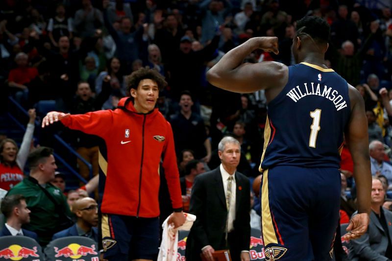 Zion Williamson #1 of the New Orleans Pelicans reacts with Jaxson Hayes #10 of the New Orleans Pelicans after blocking a shot during a NBA game against the Denver Nuggets at Smoothie King Center on January 24, 2020 in New Orleans, Louisiana.