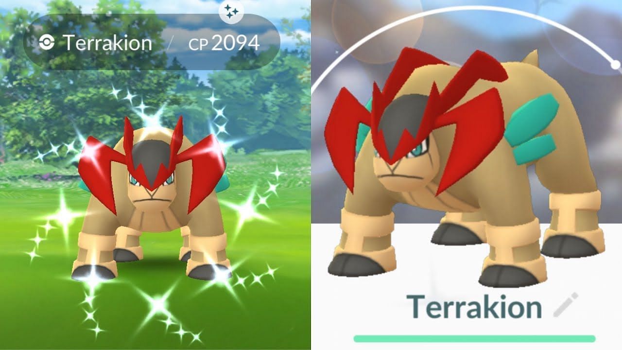 A shiny Terrakion in Pokemon GO (Image via Niantic)