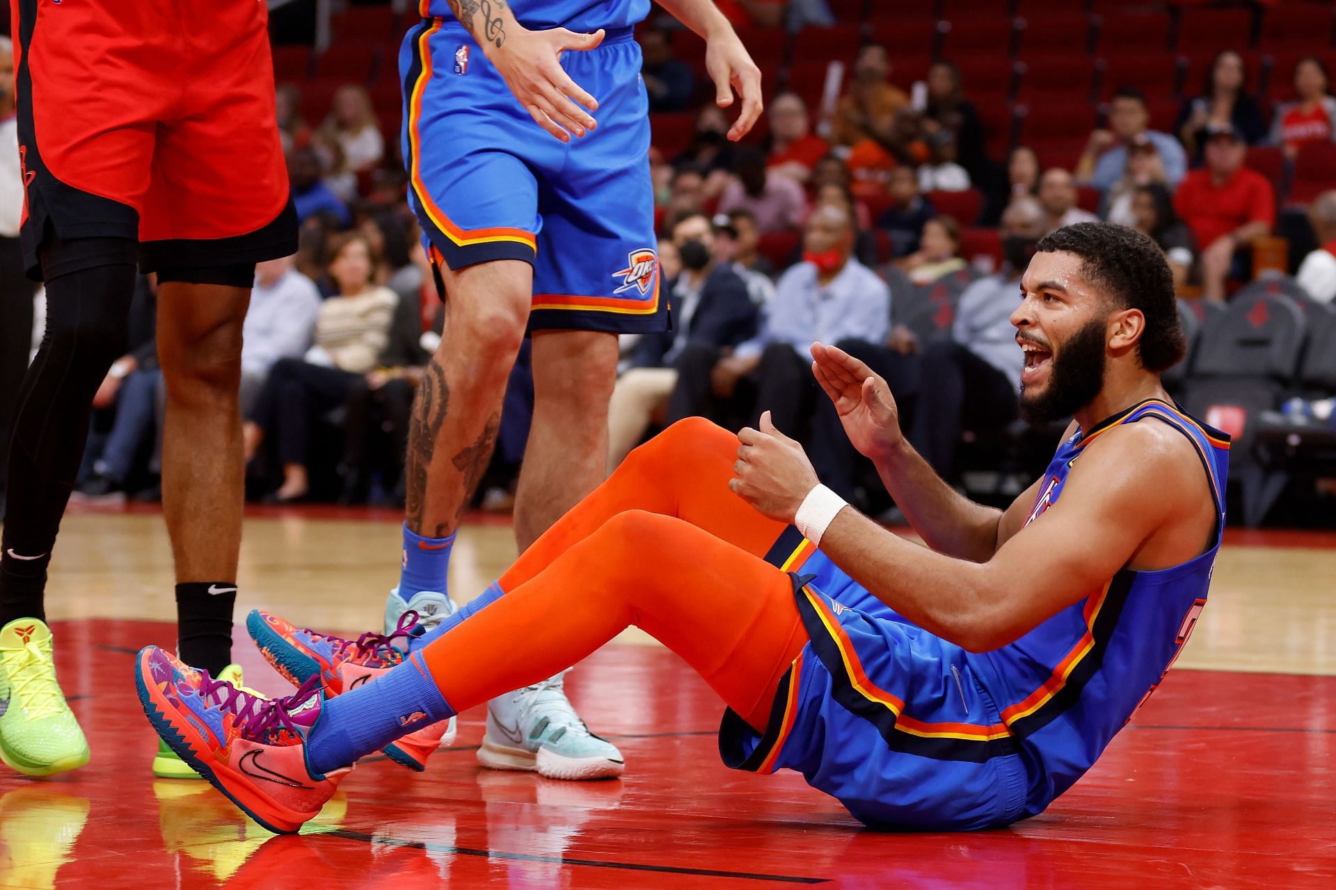 Kenrich Williams reacts to a call in the Oklahoma City Thunder vs Houston Rockets game