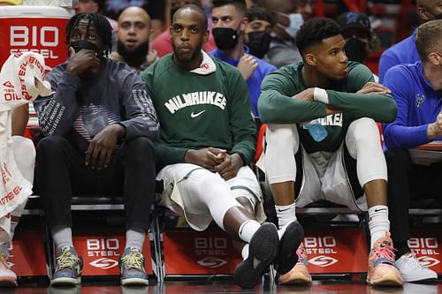 Jrue Holiday looks on during Milwaukee Bucks v Miami Heat