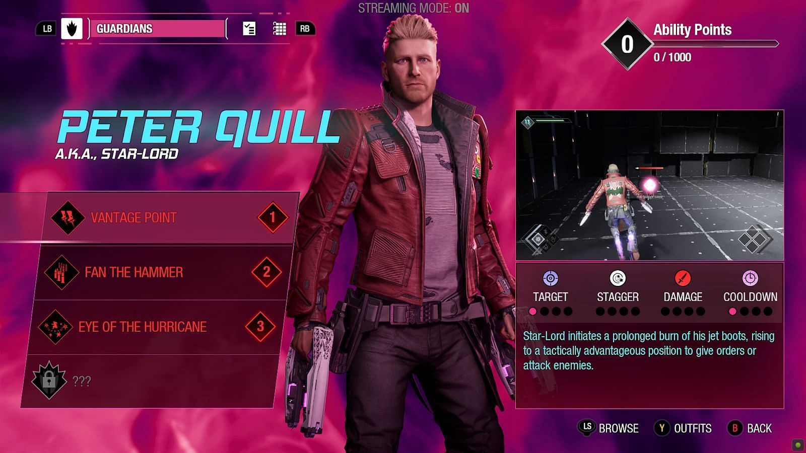 Abilities of Star-Lord (Screenshot via Marvel&rsquo;s Guardians of the Galaxy)