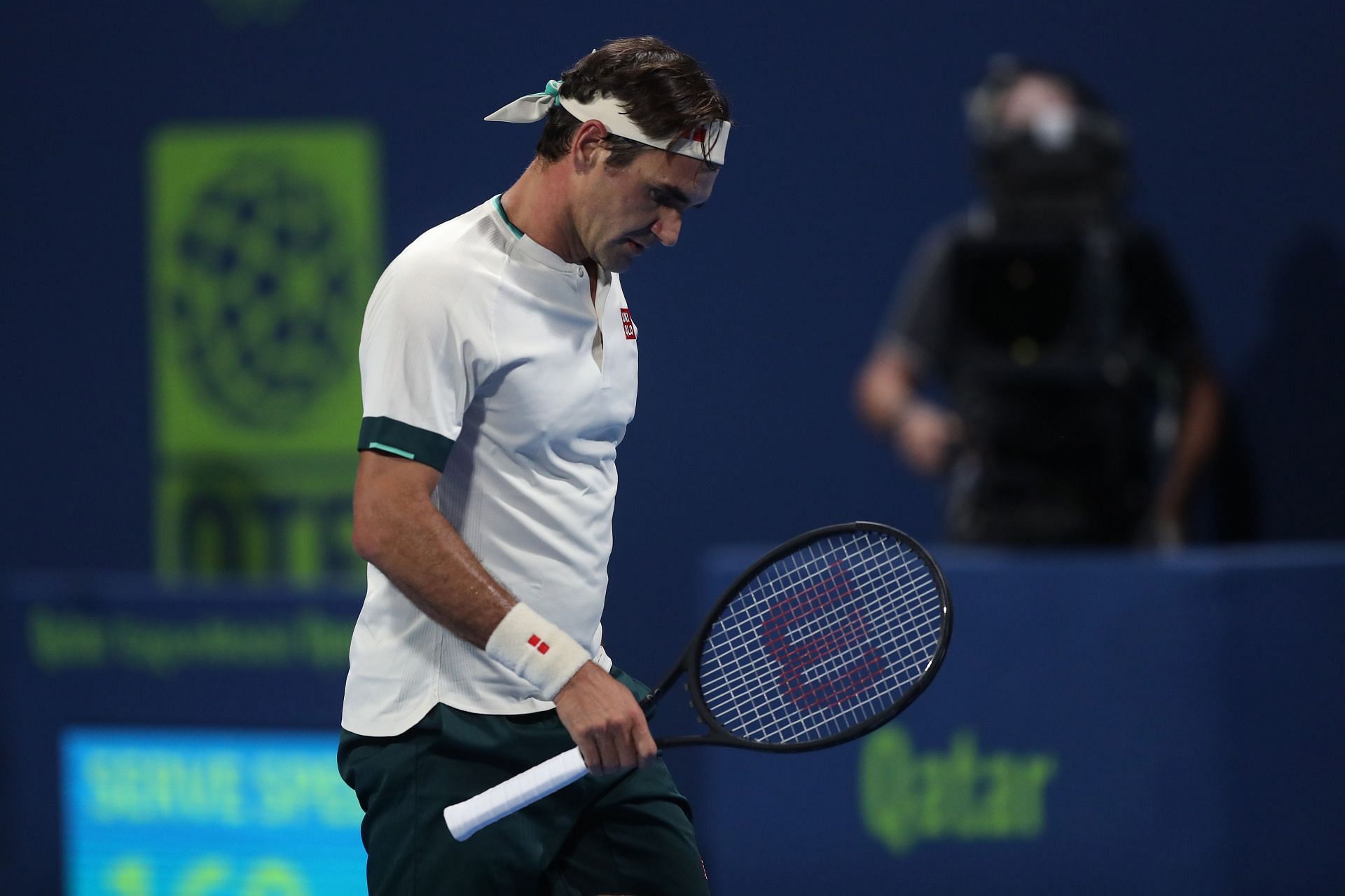 Roger Federer during his match against Nikoloz Basilashvili in Doha