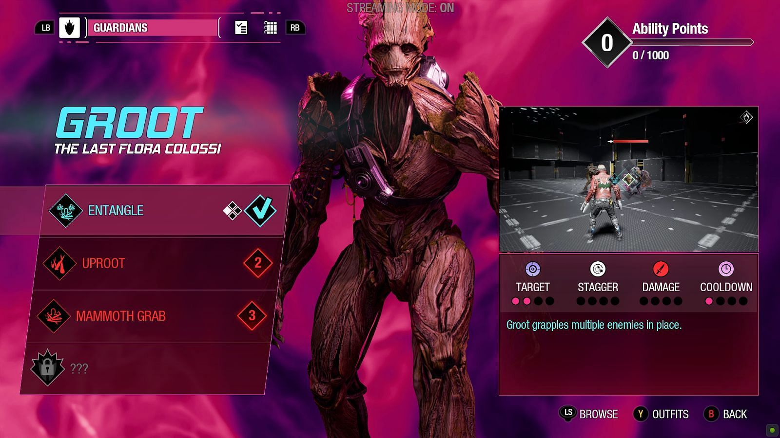 Abilities of Groot (Screenshot via Marvel&rsquo;s Guardians of the Galaxy)