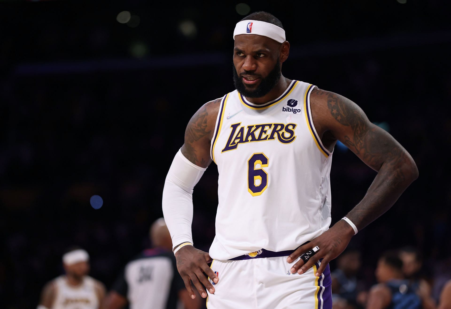 LeBron James #6 of the Los Angeles Lakers reacts to a call during a 121-118 win over the Memphis Grizzlies at Staples Center on October 24, 2021 in Los Angeles, California.